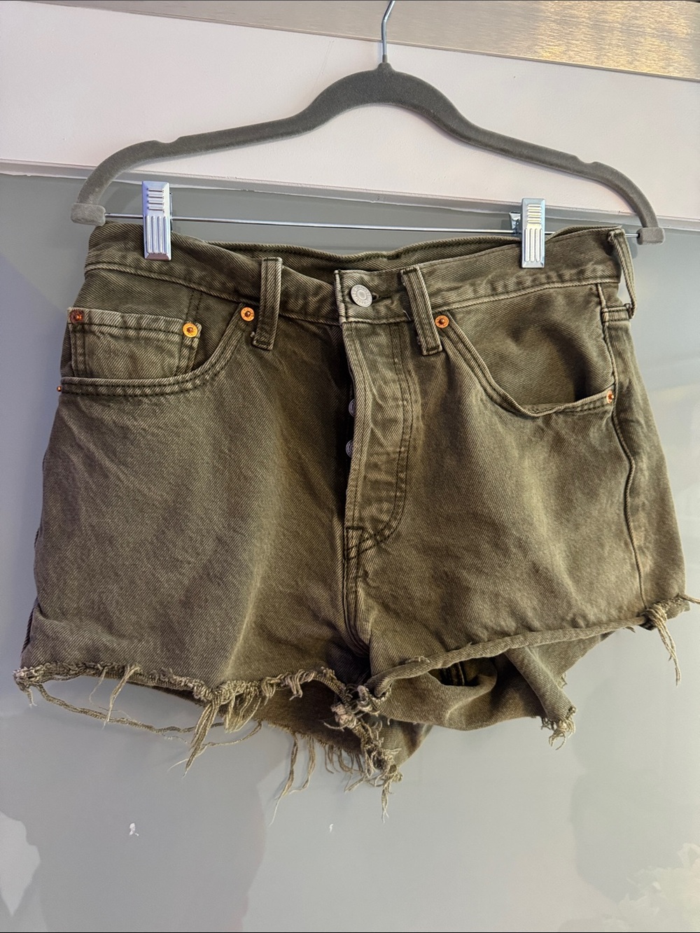 High-Rise Olive Green Denim Cutoff Shorts with Frayed Hem
